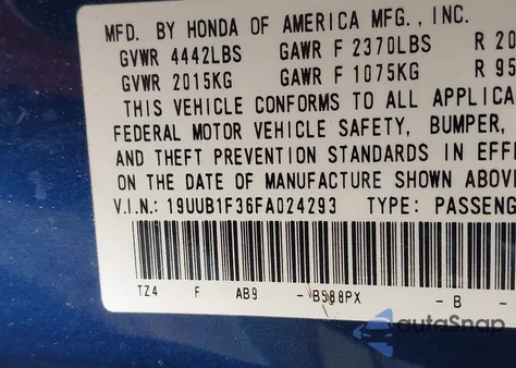 2015 Acura Tlx from USA, damaged, VIN 19UUB1F36FA024293